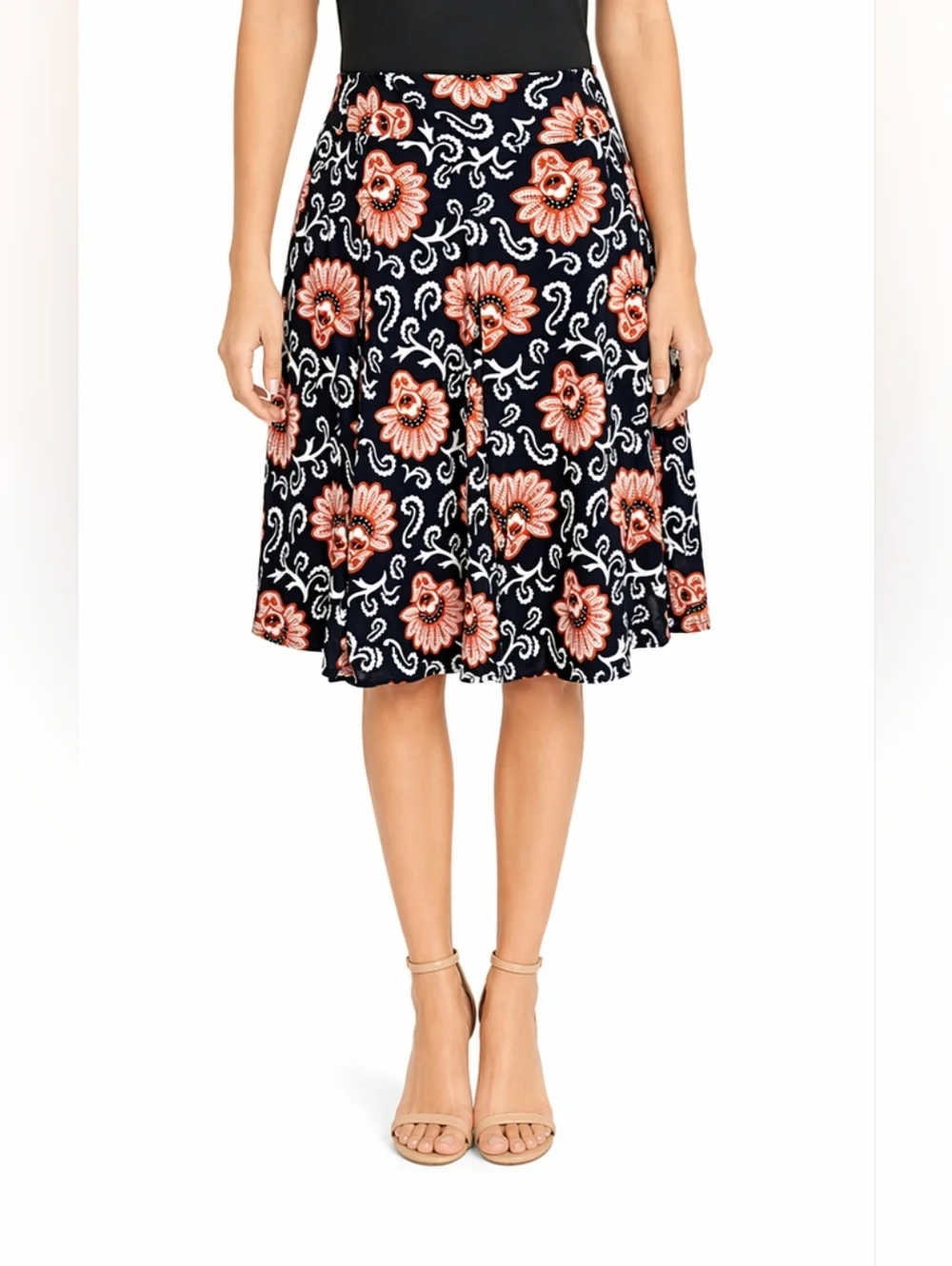 Talbots Floral A-Line Skirt Navy Orange White Cotton Preppy Feminine Midi Flowy